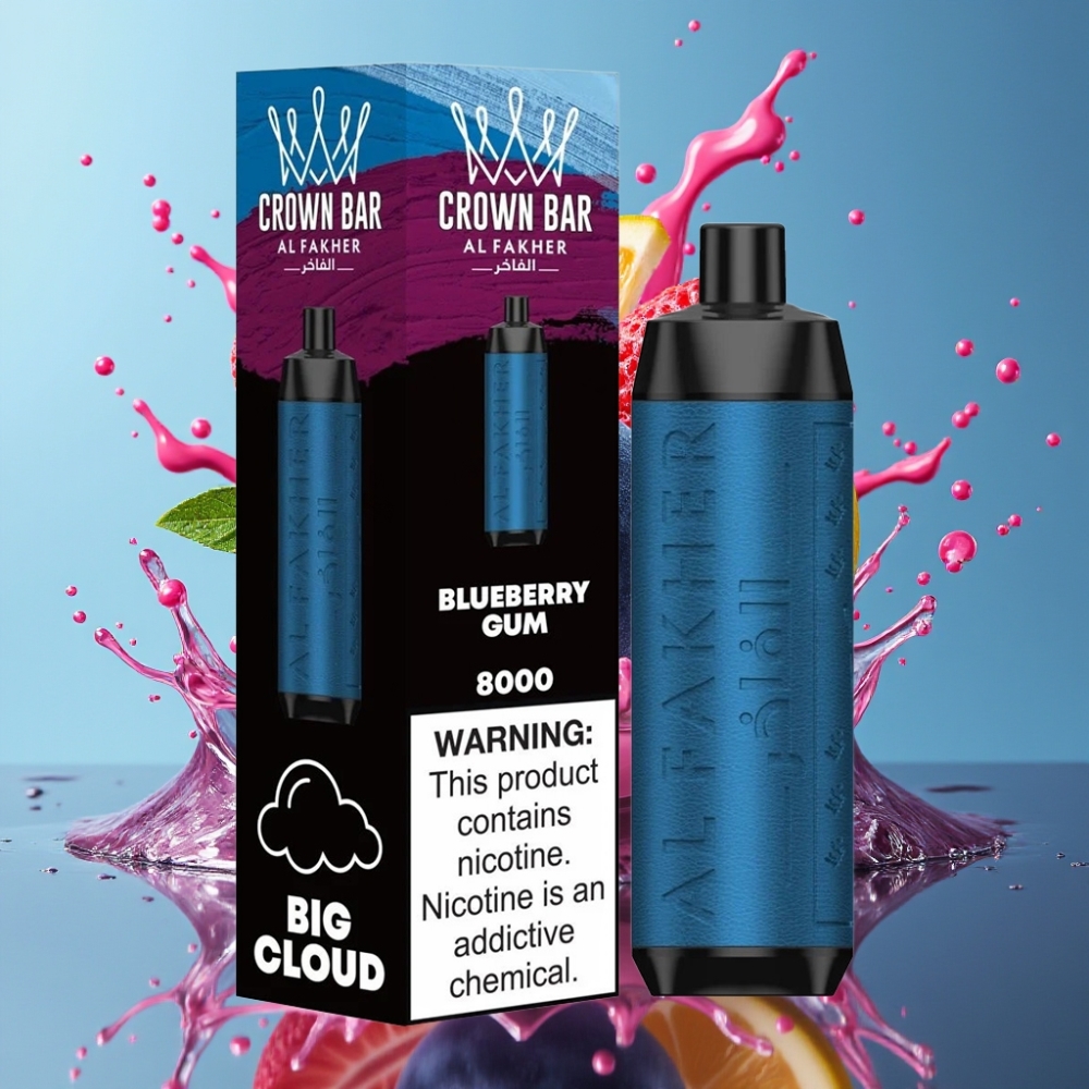 Al Fakher Crown Bar 8000 Crystal Grossister Sverige – 18ml e-Liquid 5mg Nikotin 8000 puffar USB-C-laddning Blåbärsgummi