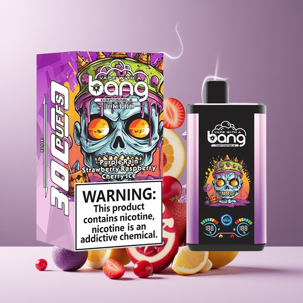 Bang 30K Pro 30000 Puffs grossister Sverige – 36ml E-Liquid 550mAh Dual-Flavor System Nikotinstyrka 0 2 3 5 Purple Rain  Jordbær Hindbær Kirsebæris
