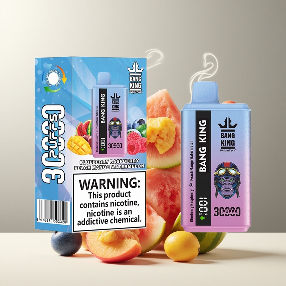 Bang King 30000 Puffs Grossister Sverige – 36ml E-Liquid 550mAh Battery Type-C Laddning Blåbær Hindbær Fersken Mango Vandmelon