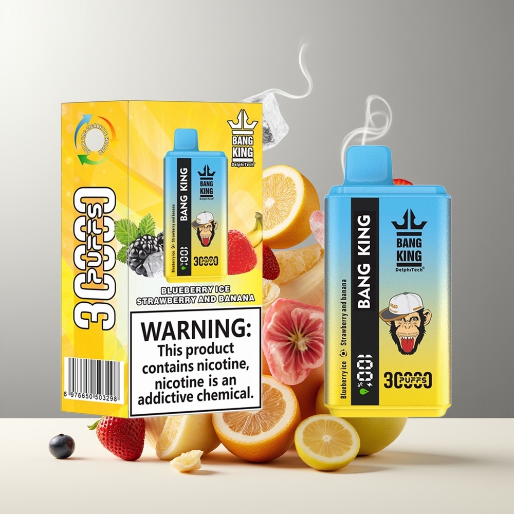 Bang King 30000 Puffs Grossister Sverige – 36ml E-Liquid 550mAh Battery Type-C Laddning Blåbæris Jordbær Og Banan