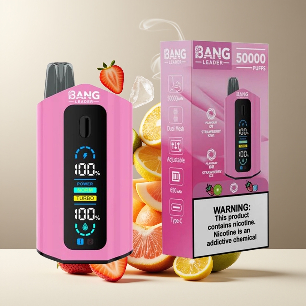 Bang Leader 50000 Puffs Grossister Sverige – 13400mAh Batteri 36ml E-vätska Typ-C-laddning 2-i-1 Smaker