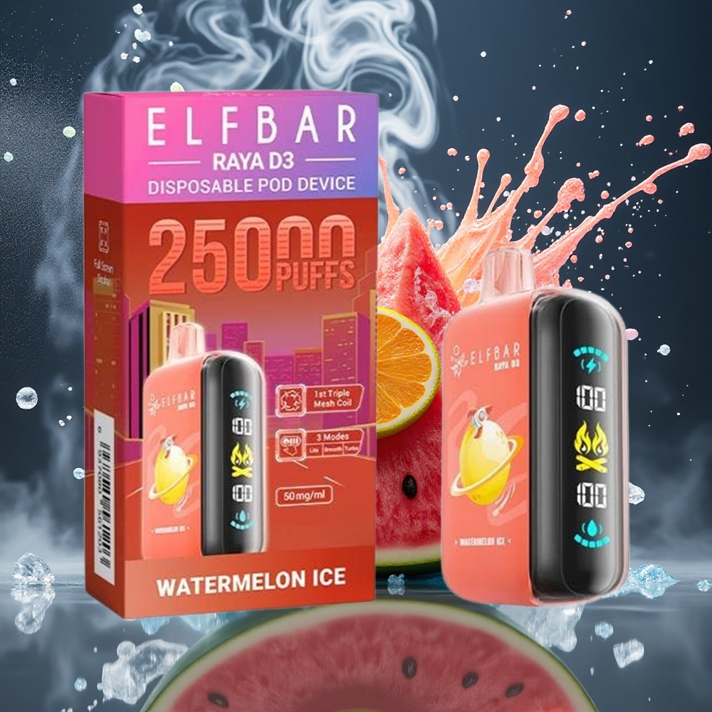 ELF BAR RAYA D3 25000 Puffs Disposable Vape 23ml 5 Nikotin 850mAh Batteri Type-C Laddning 20 Smaker Grossister Sverige Vattenmelon Glass