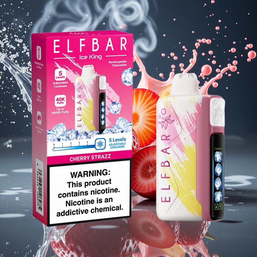 Elf Bar Ice King 40000 Puffs Disposable Vape med 20ml E-Liquid 5 Nikotin Laddningsbar 850mAh Batteri  Justerbara Kylningsnivåer grossister Sverige Körsbär Strazz