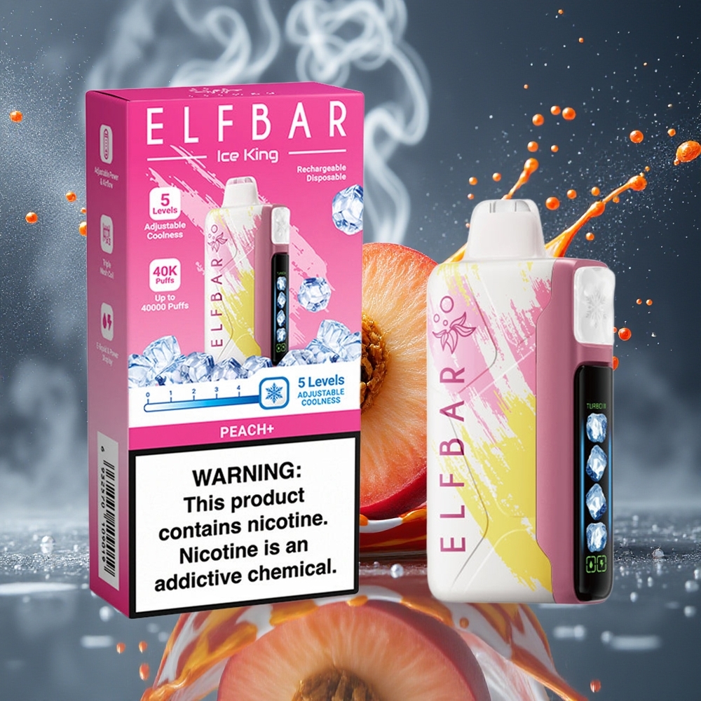 Elf Bar Ice King 40000 Puffs Disposable Vape med 20ml E-Liquid 5 Nikotin Laddningsbar 850mAh Batteri  Justerbara Kylningsnivåer grossister Sverige Peach+