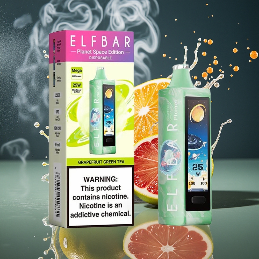 Elf Bar Planet 25000 Puffs Disposable Vape 5 Nikotin 18ml E-vätska 800mAh Batteri Mesh Coil grossister Sverige Grapefrukt Grönt Te