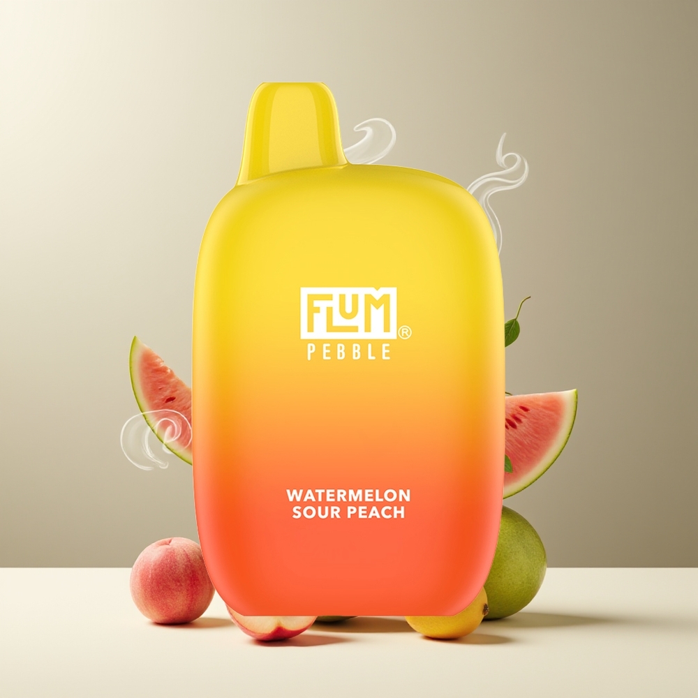 Flum Pebble 6000 Grossister Sverige – 10ml E-vätska 5 Nikotin 500mAh Batteri Mesh Coil Type-C Laddning Vandmelon Sur Fersken