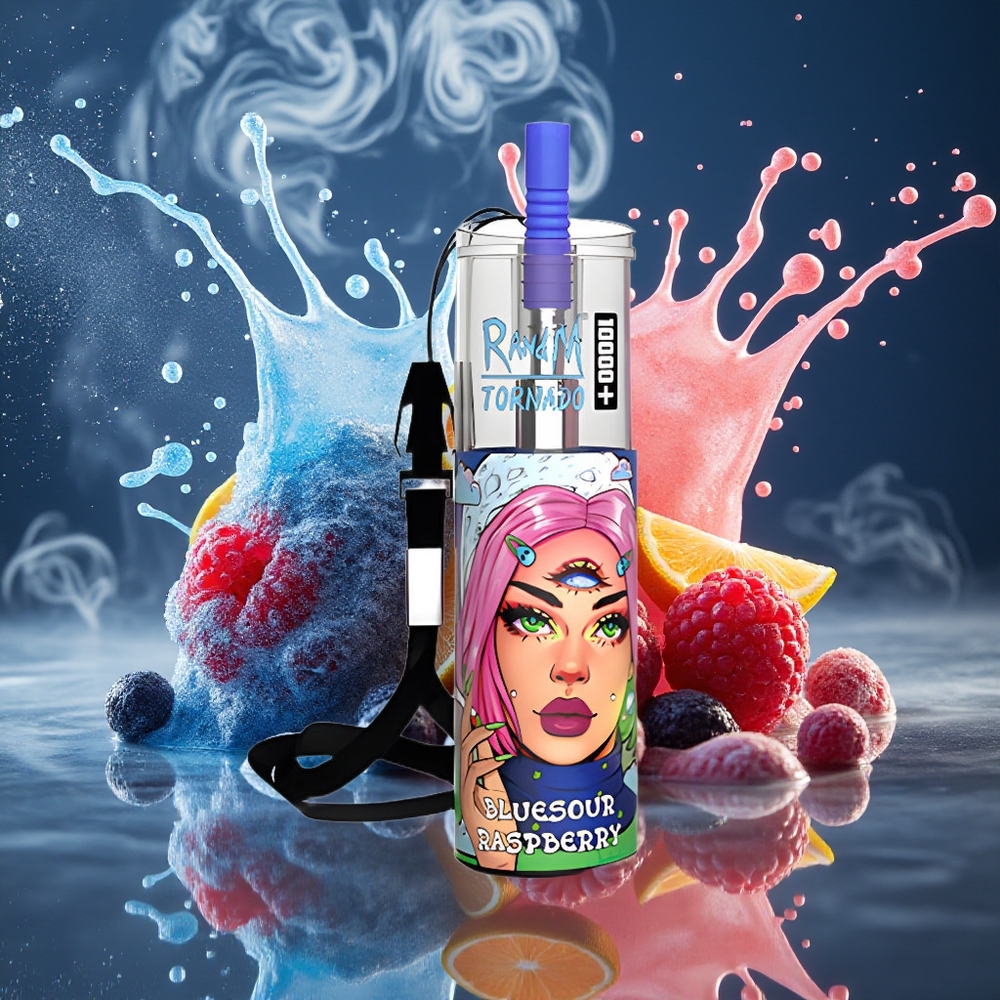 Fumot Original RandM Tornado 10000 Plus Disposable Vape 20 ml 850 mAh Mesh Coil Type-C RGB Lights grossister Sverige Blåsour hallon