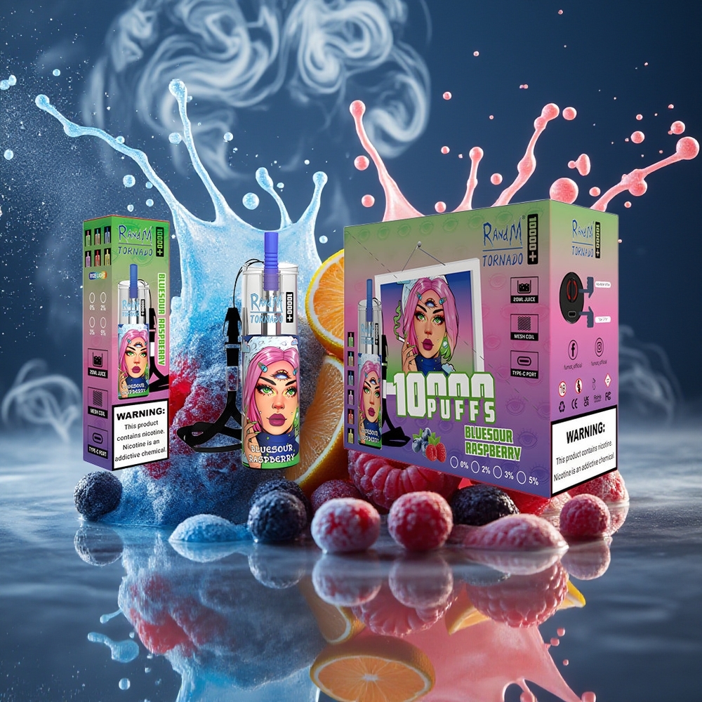 Fumot Original RandM Tornado 10000 Plus Disposable Vape 20 ml 850 mAh Mesh Coil Type-C RGB Lights grossister Sverige Blåsour hallon