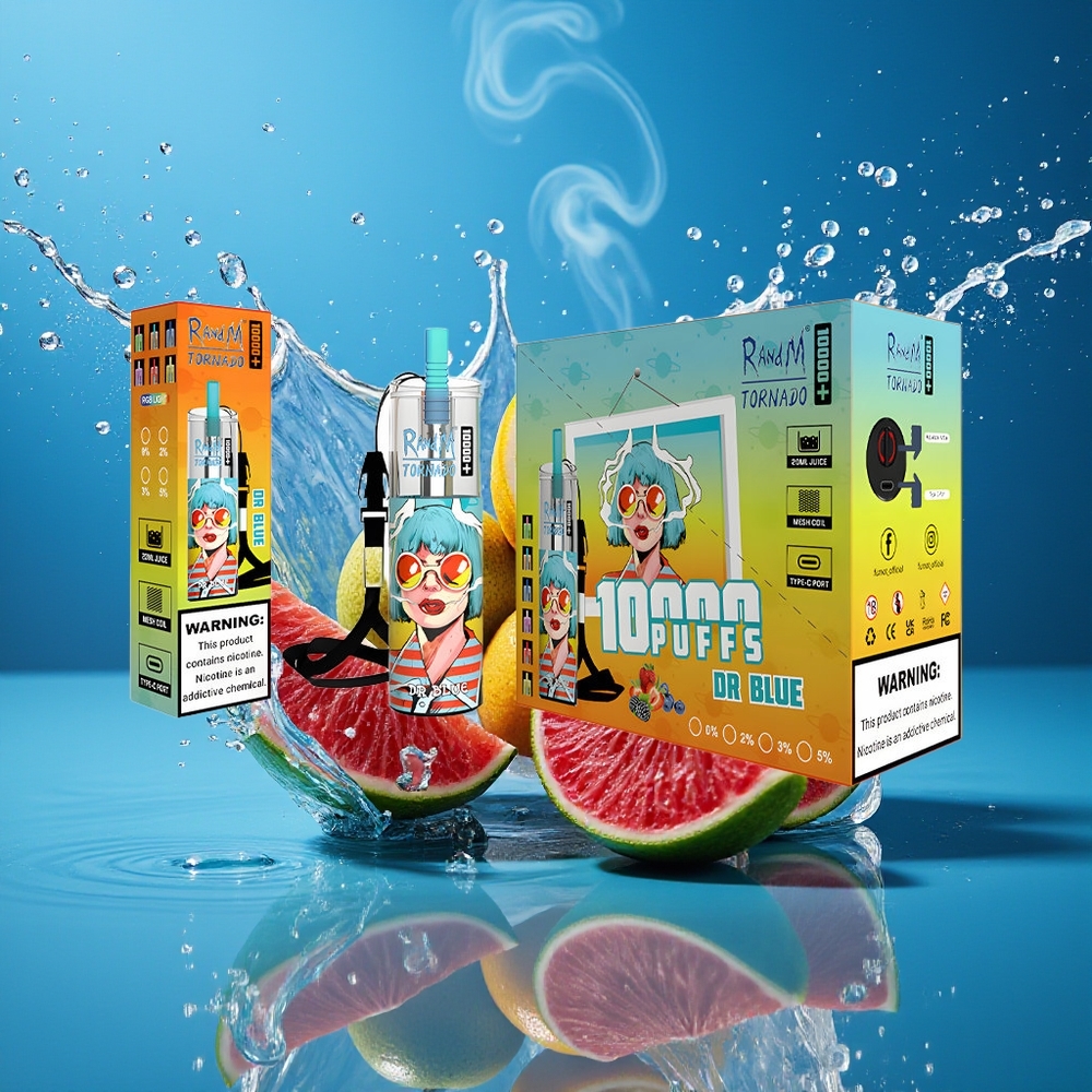 Fumot Original RandM Tornado 10000 Plus Disposable Vape 20 ml 850 mAh Mesh Coil Type-C RGB Lights grossister Sverige Dr Blue