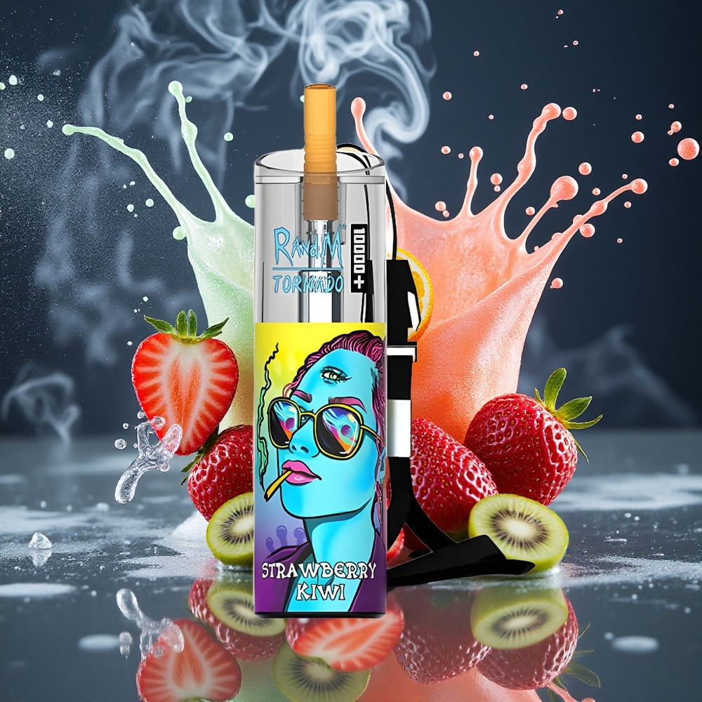 Fumot Original RandM Tornado 10000 Plus Disposable Vape 20 ml 850 mAh Mesh Coil Type-C RGB Lights grossister Sverige Jordgubbskiwi