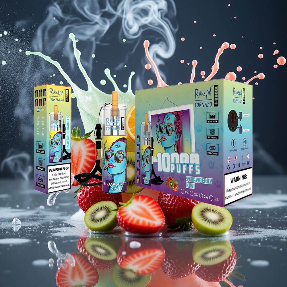 Fumot Original RandM Tornado 10000 Plus Disposable Vape 20 ml 850 mAh Mesh Coil Type-C RGB Lights grossister Sverige Jordgubbskiwi