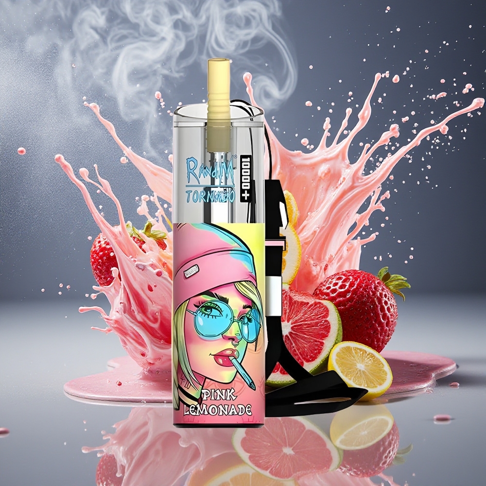 Fumot Original RandM Tornado 10000 Plus Disposable Vape 20 ml 850 mAh Mesh Coil Type-C RGB Lights grossister Sverige Rosa lemonad