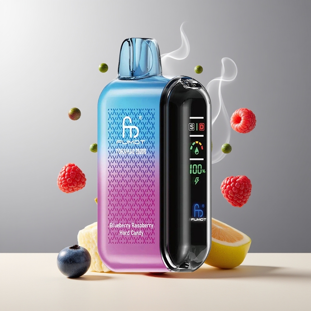 Fumot Tornado 20000 Puffs Grossister Sverige med Dual Mesh Coil 20ml E-liquid  850mAh Batteri Blåbær Hindbær Hårdt Slik