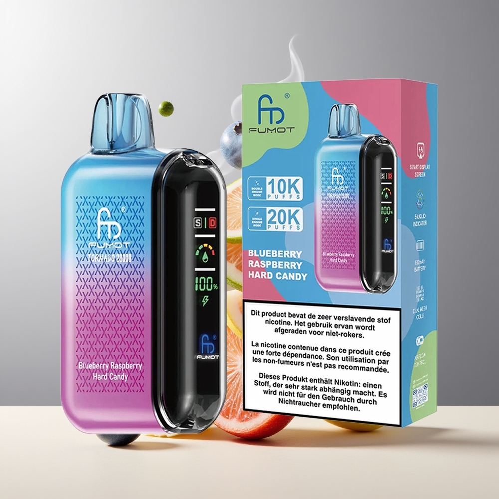 Fumot Tornado 20000 Puffs Grossister Sverige med Dual Mesh Coil 20ml E-liquid  850mAh Batteri Blåbær Hindbær Hårdt Slik