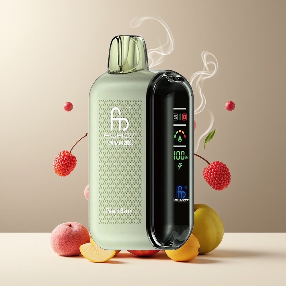 Fumot Tornado 20000 Puffs Grossister Sverige med Dual Mesh Coil 20ml E-liquid  850mAh Batteri Fersken Bær