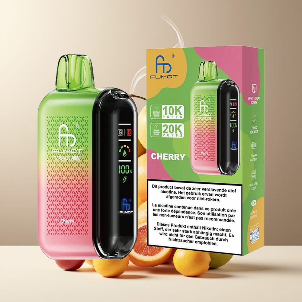 Fumot Tornado 20000 Puffs Grossister Sverige med Dual Mesh Coil 20ml E-liquid  850mAh Batteri Kirsebær