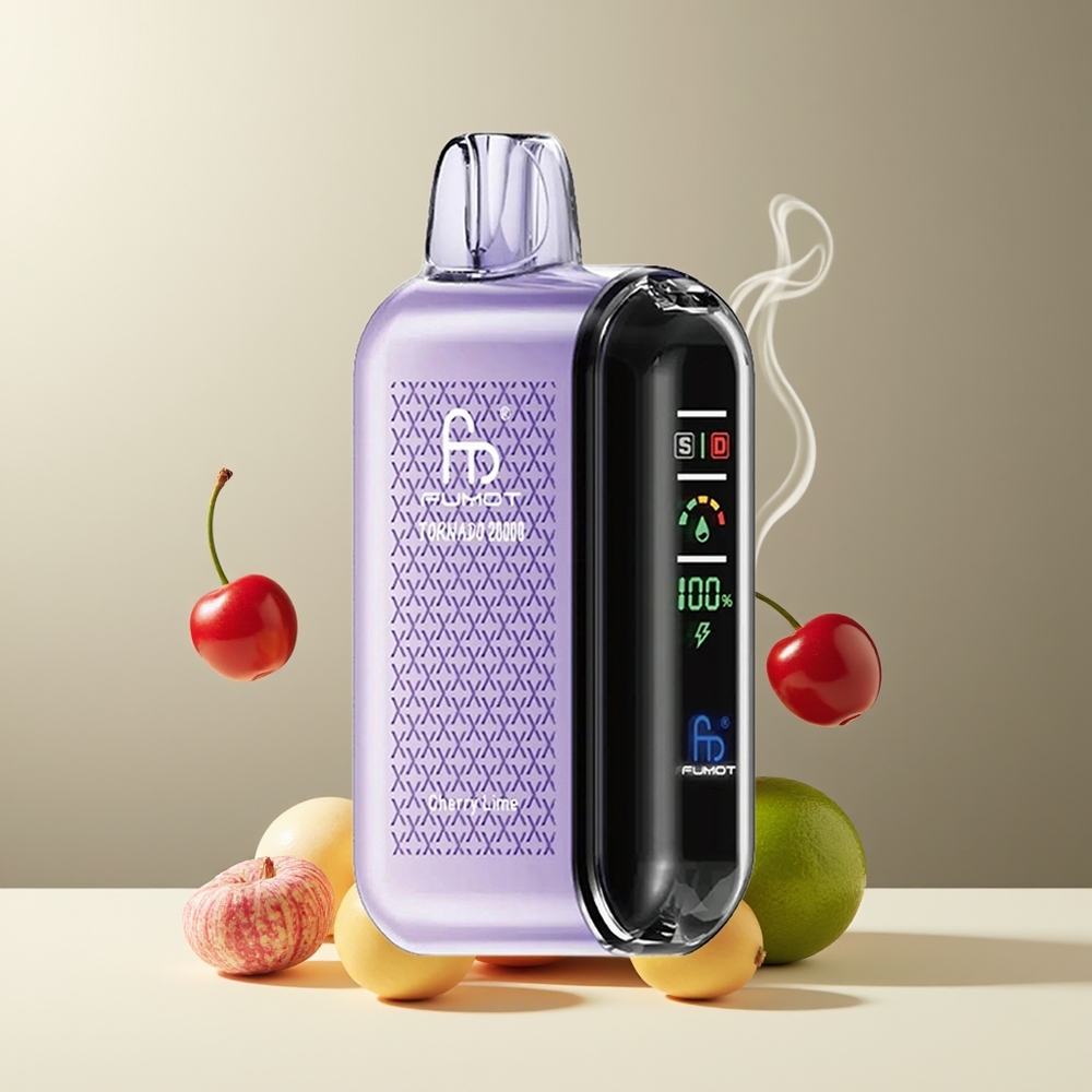 Fumot Tornado 20000 Puffs Grossister Sverige med Dual Mesh Coil 20ml E-liquid  850mAh Batteri Kirsebær Lime