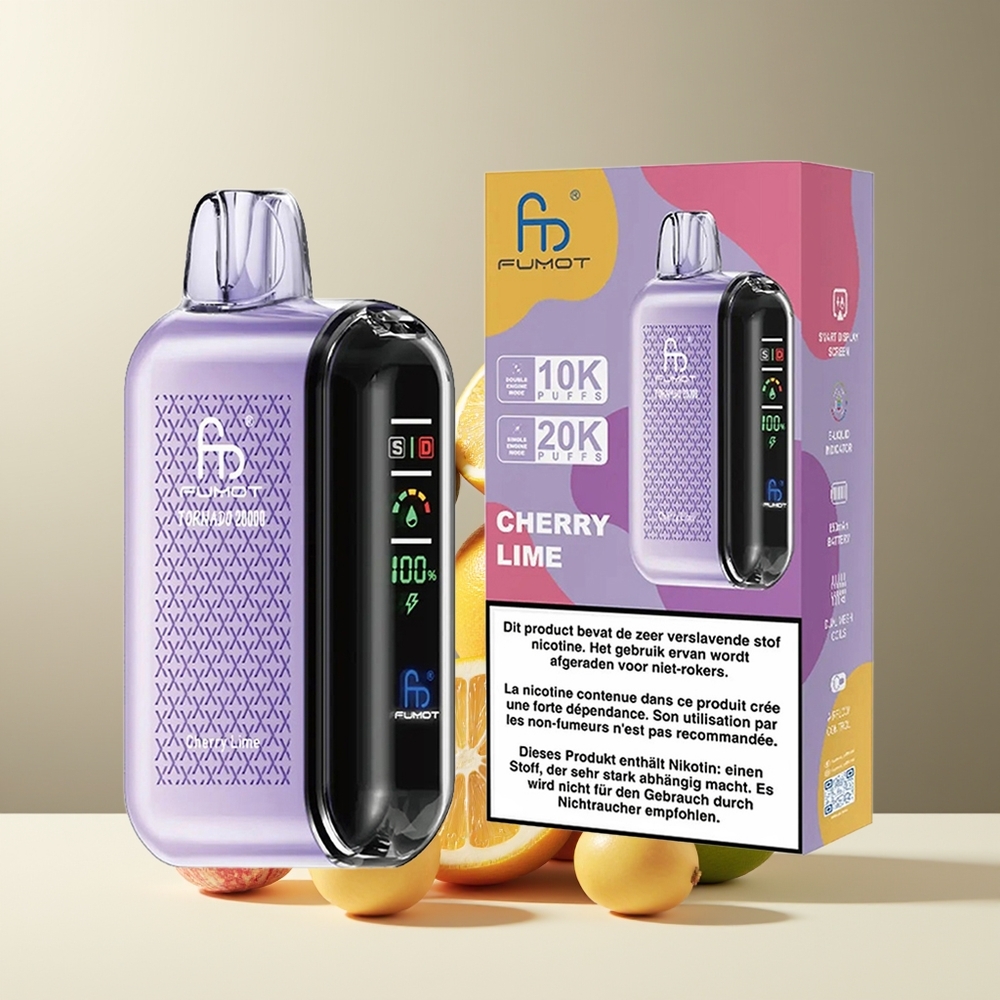 Fumot Tornado 20000 Puffs Grossister Sverige med Dual Mesh Coil 20ml E-liquid  850mAh Batteri Kirsebær Lime