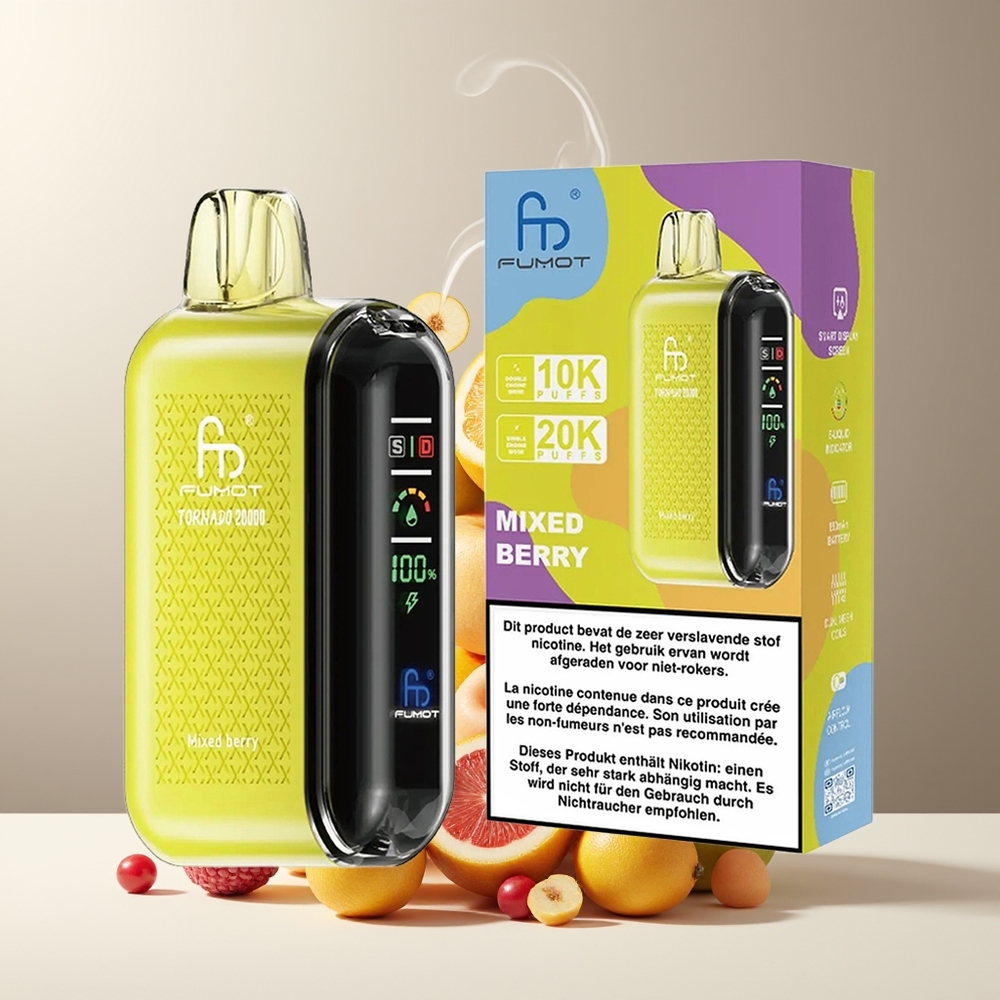 Fumot Tornado 20000 Puffs Grossister Sverige med Dual Mesh Coil 20ml E-liquid och 850mAh Batteri Blandede Bær