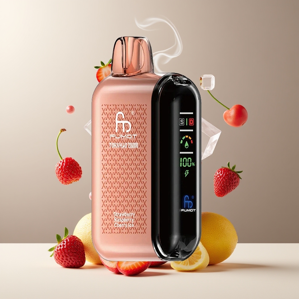 Fumot Tornado 20000 Puffs Grossister Sverige med Dual Mesh Coil 20ml E-liquid och 850mAh Batteri Jordbær Hindbær Kirsebær Is