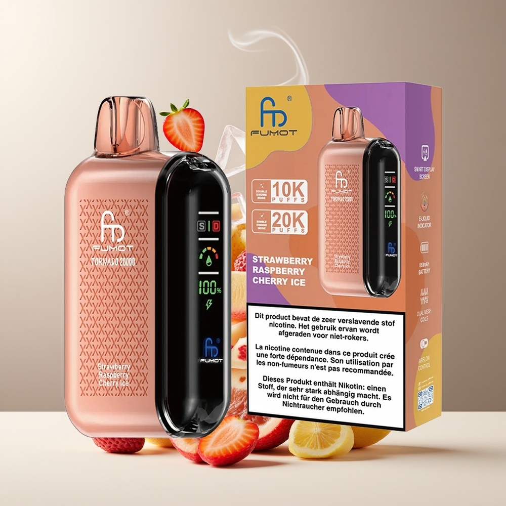 Fumot Tornado 20000 Puffs Grossister Sverige med Dual Mesh Coil 20ml E-liquid och 850mAh Batteri Jordbær Hindbær Kirsebær Is