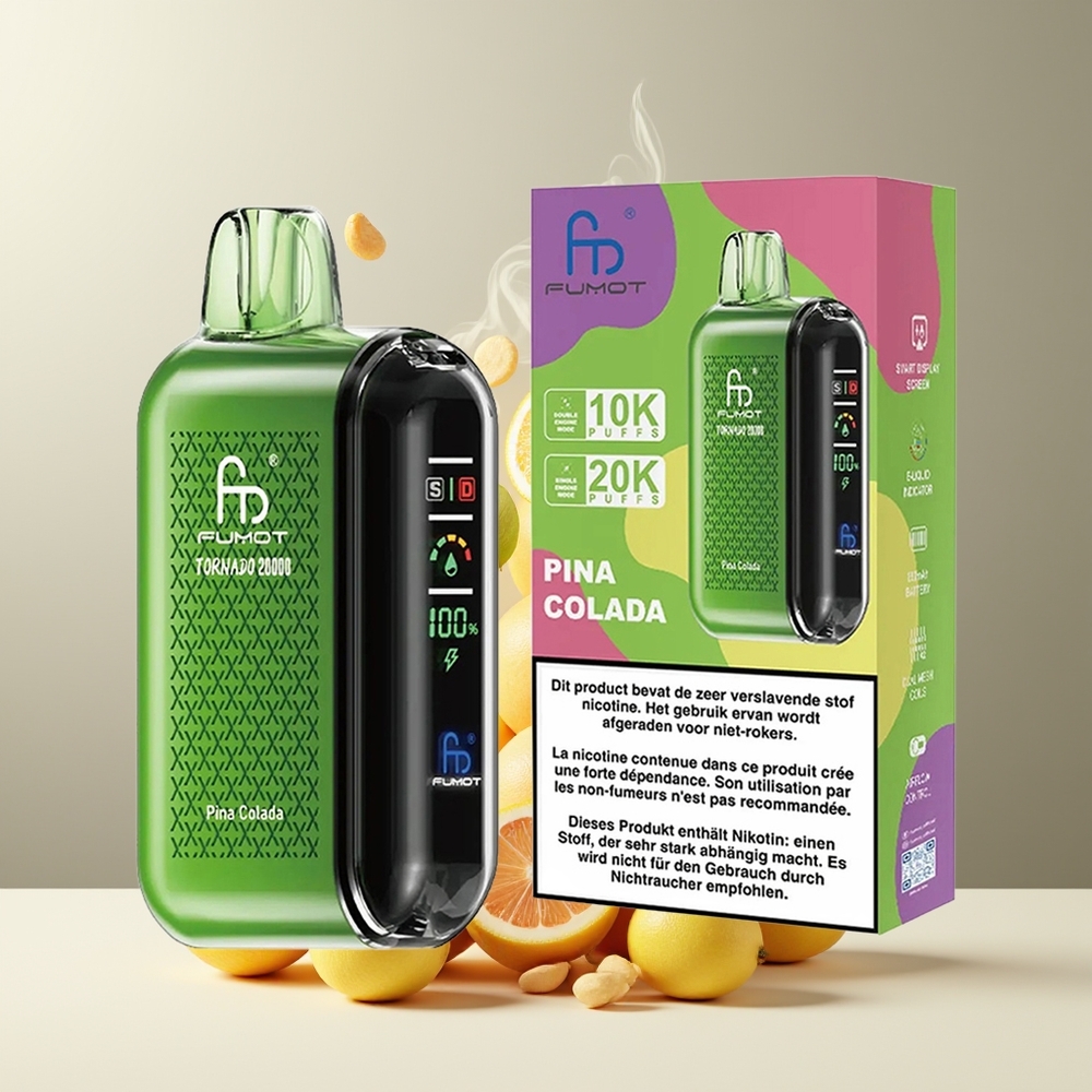Fumot Tornado 20000 Puffs Grossister Sverige med Dual Mesh Coil 20ml E-liquid och 850mAh Batteri Pina Colada