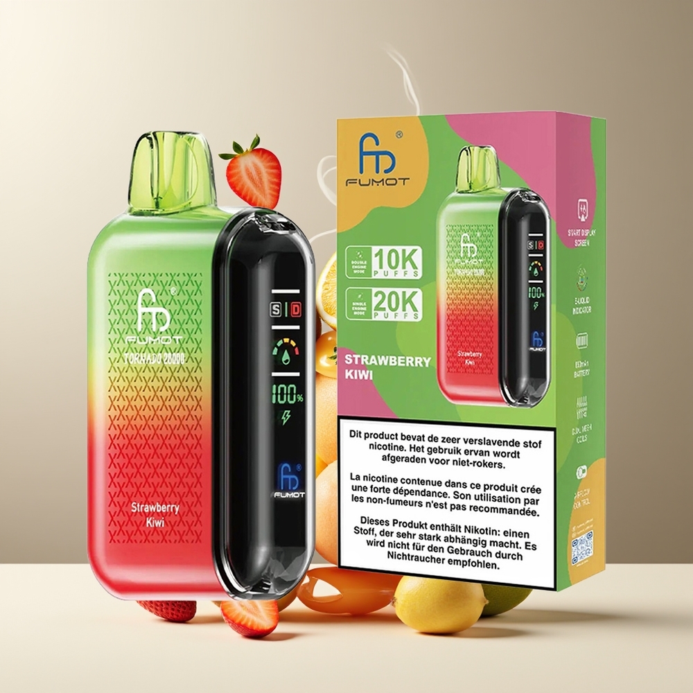 Fumot Tornado 20000 Puffs grossister Sverige med Dual Mesh Coil 20ml E-liquid  850mAh Batteri Jordbær Kiwifrugt