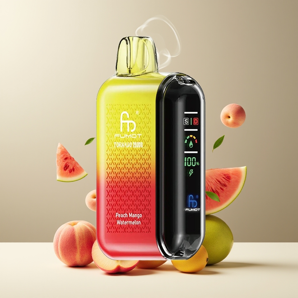 Fumot Tornado 20000 Puffs grossister Sverige med Dual Mesh Coil 20ml E-liquid och 850mAh Batteri Fersken Mango Vandmelon