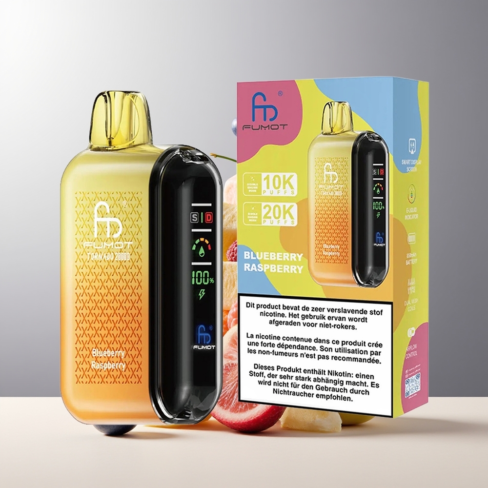 Fumot Tornado 20000 Puffs grossister Sverige med Dual Mesh Coil 20ml E-liquid och 850mAh Battery Blåbær og hindbær
