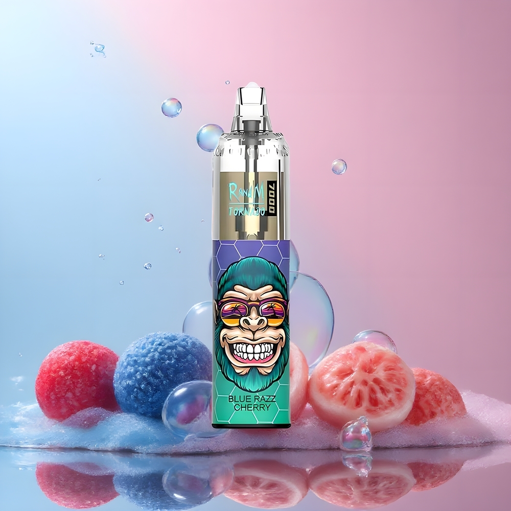 Fumot Tornado 7000 Grossister Sverige – 14 ML E-liquid 850 MAH Battery Mesh Coil Type-C Port RGB Light Air-Adjustable Blå Razz Körsbär