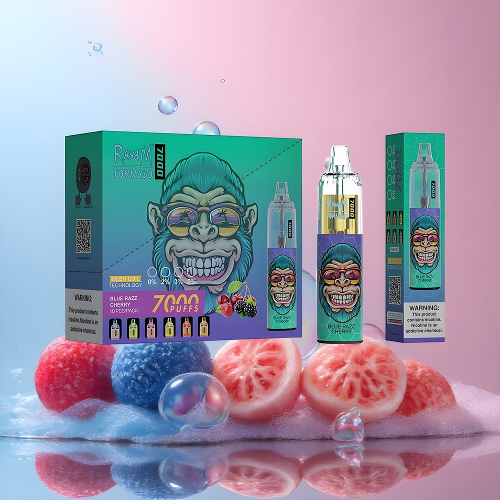 Fumot Tornado 7000 Grossister Sverige – 14 ML E-liquid 850 MAH Battery Mesh Coil Type-C Port RGB Light Air-Adjustable Blå Razz Körsbär
