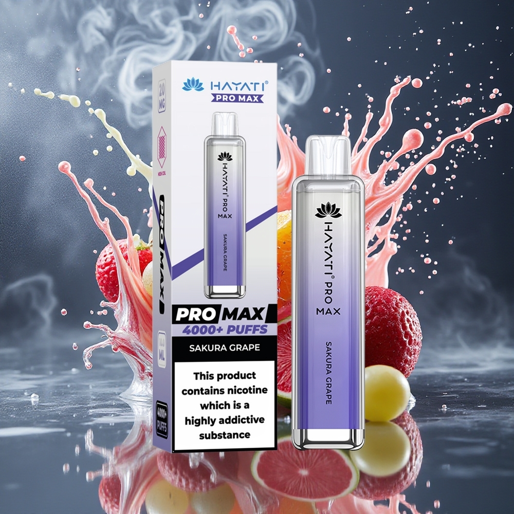 Hayati Pro Max 4000 Puffs Disposable Vape - 1400mAh 2ml/10ml Dual 11 Ohm Mesh Coil 2/5 Nikotin Kristallutseende LED-belysning grossister Sverige Sakura Druva