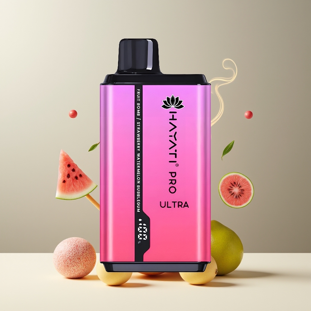 Hayati Pro Ultra 15000 Puffs Grossister Sverige – 850mAh Batteri 2 12ml E-Vätska 2 Nikotin 49 Smaker Frugtbombe Jordbær Vandmelon Tyggegummi