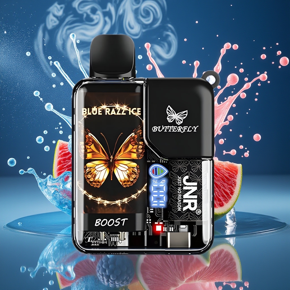 JNR Butterfly 8500 Puffs Disposable Vape Grossister Sverige – 1200mAh 15ml e-Liquid Digital Display Genomskinlig Kropp med Banddesign