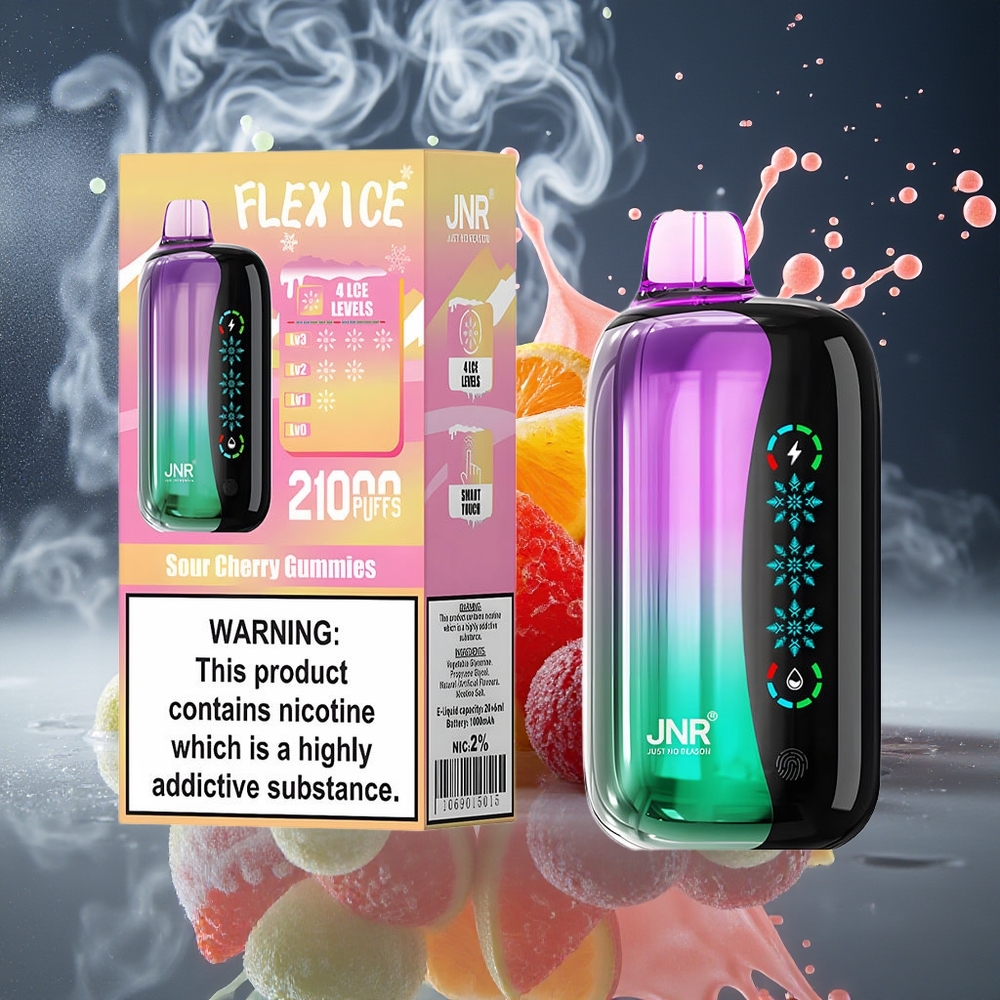 JNR Flex Ice 21000 Puffs Grossister Sverige – Justerbar Kyla 26ml E-vätska 1000mAh Batteri Typ-C Laddning Surkörsbärsgummibjörnar