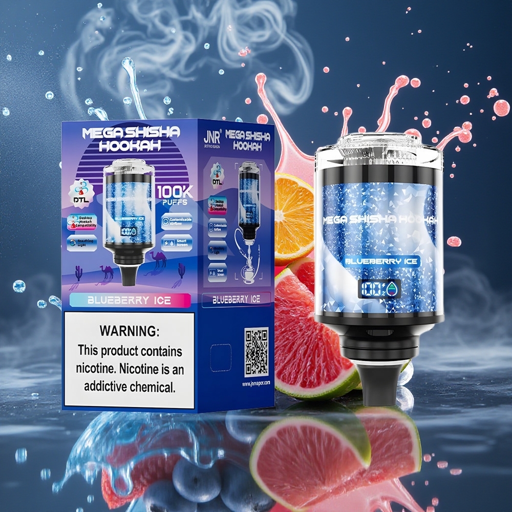 JNR Mega Shisha Hookah Desktop grossister Sverige med 100000 puffar 60ml e-Liquid 2200mAh batteri och Type-C laddning Blåbär Glass