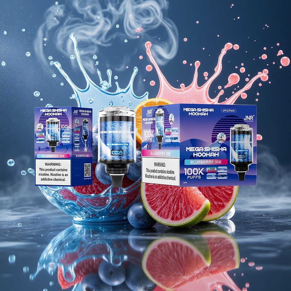 JNR Mega Shisha Hookah Desktop grossister Sverige med 100000 puffar 60ml e-Liquid 2200mAh batteri och Type-C laddning Blåbär Glass