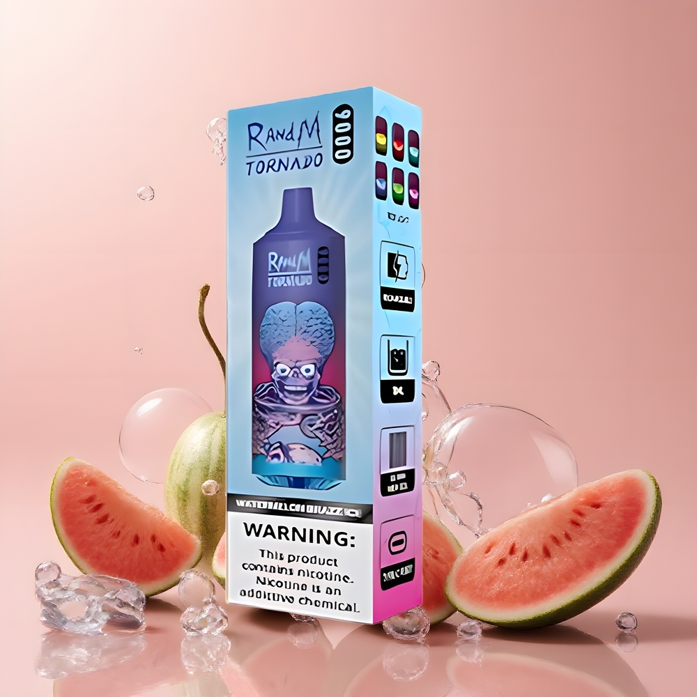 RandM Tornado 9000 Puffs Grossister Sverige – 850 mAh 18 mL Mesh Coil RGB Display 54 Smaker Vattenmelon-brazz-is