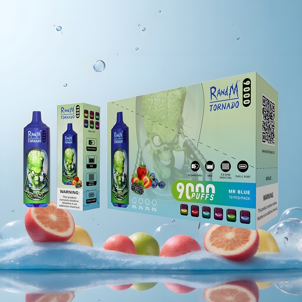 RandM Tornado 9000 Puffs Grossister Sverige – 850 mAh Laddningsbar 18 mL E-vätska Mesh Coil RGB-display 54 Smaker