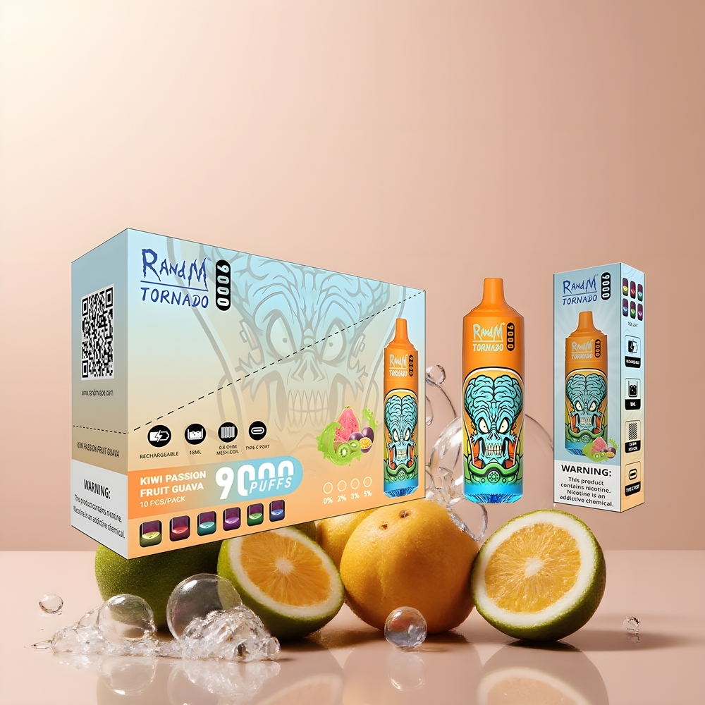 RandM Tornado 9000 Puffs Grossister Sverige – 850 mAh Laddningsbar 18 mL E-vätska Mesh Coil Sleek RGB Display 54 Smaker
