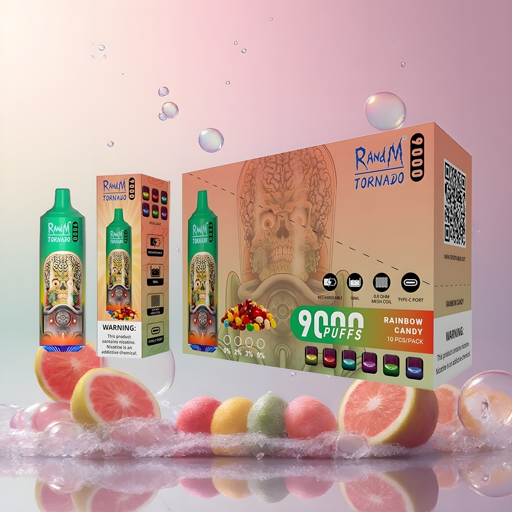RandM Tornado 9000 Puffs Grossister Sverige – 850 mAh Laddningsbar Batteri 18 mL E-vätska Mesh Coil 54 Smaker