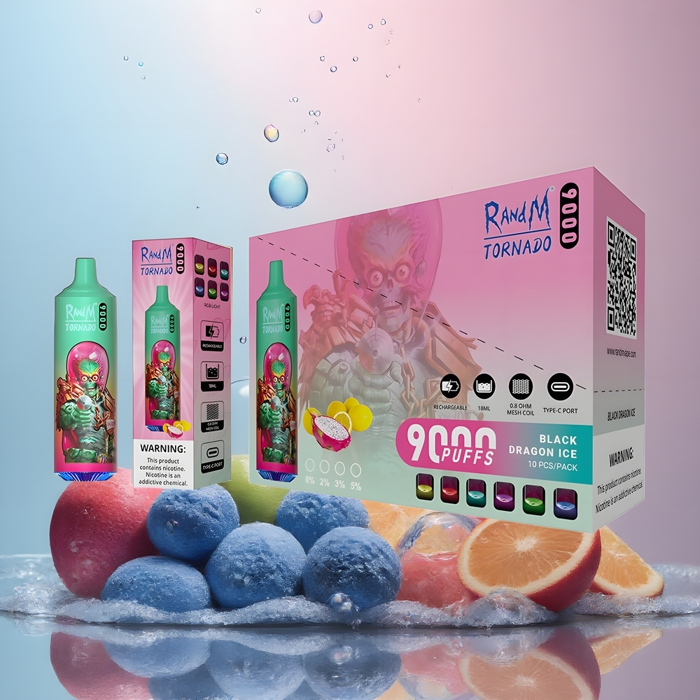 RandM Tornado 9000 Puffs grossister Sverige – 850 mAh 18 mL Mesh Coil RGB Display 54 Smaker Blå Razz Kush