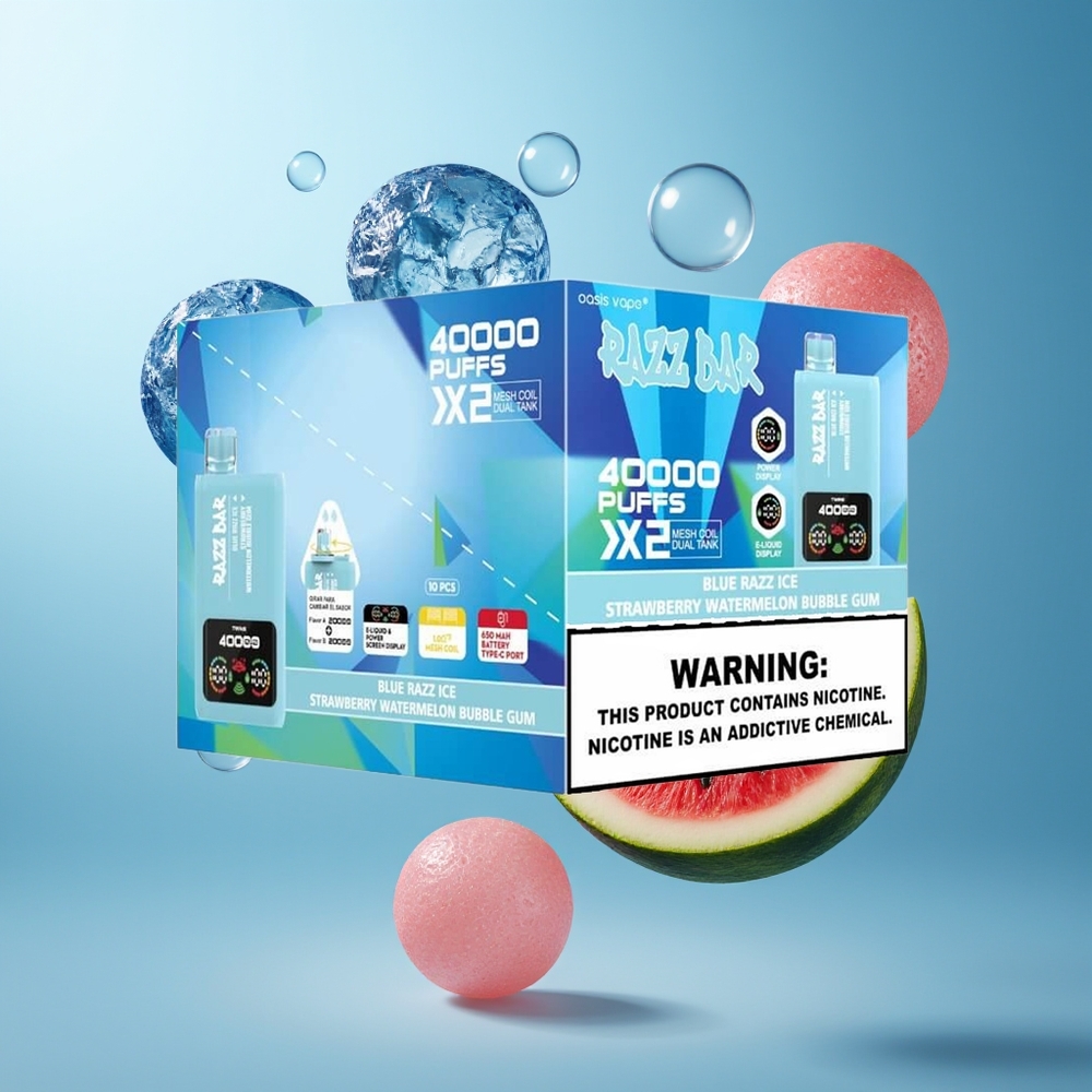 Razz Bar 40000 Puffs vape för engångsbruk grossister Sverige med Power Screen Display 10Ω 2 Mesh Coil  650 Mah Battery Type-C Port