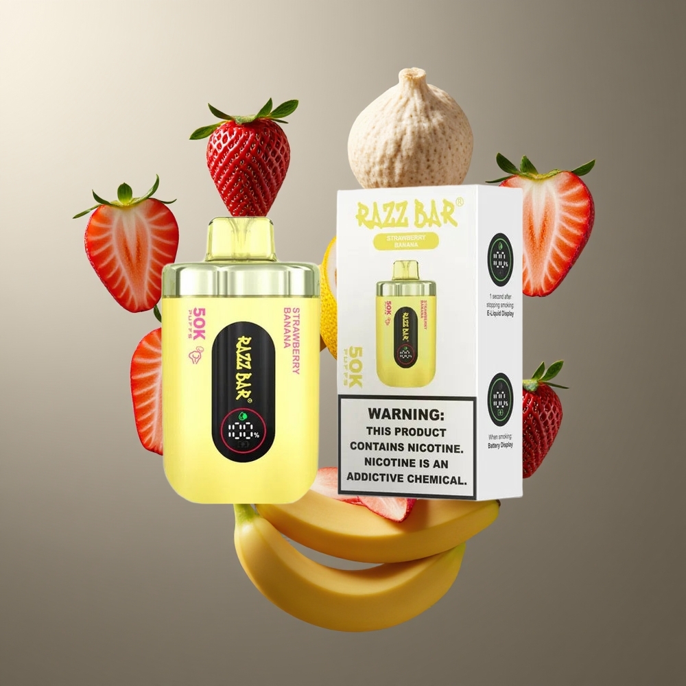 Razz Bar 50K Grossister Sverige – 50000 Puffs 10 Ohm Mesh Coil Typ-C Laddbar 2 Nikotin Jordgubb och banan