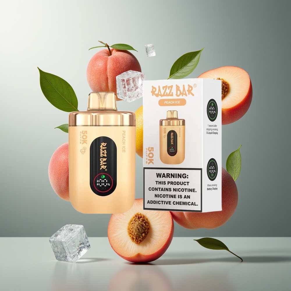 Razz Bar 50K Grossister Sverige – 50000 Puffs 10 Ohm Mesh Coil Typ-C Laddbar 2 Nikotin Persikois
