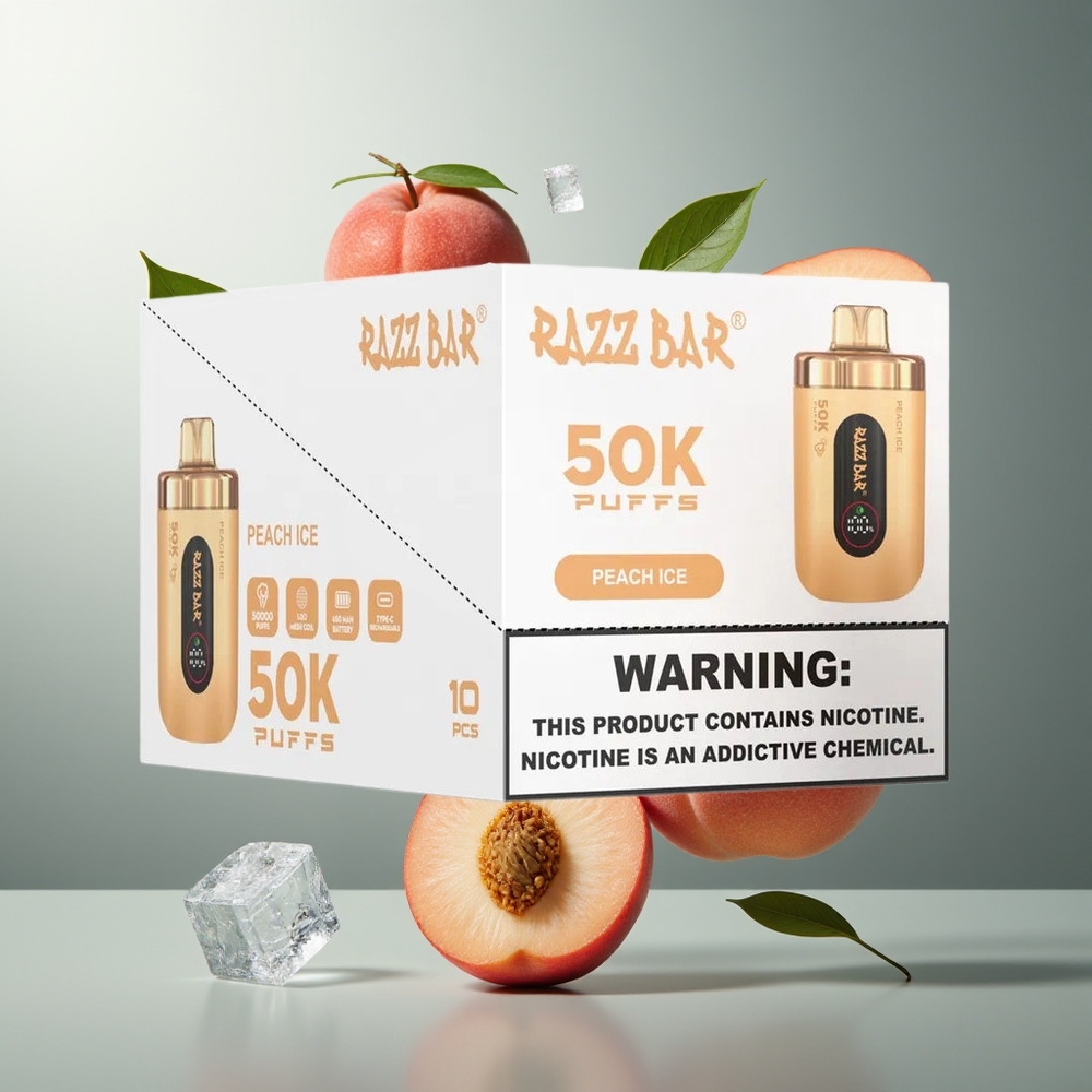 Razz Bar 50K Grossister Sverige – 50000 Puffs 10 Ohm Mesh Coil Typ-C Laddbar 2 Nikotin Persikois