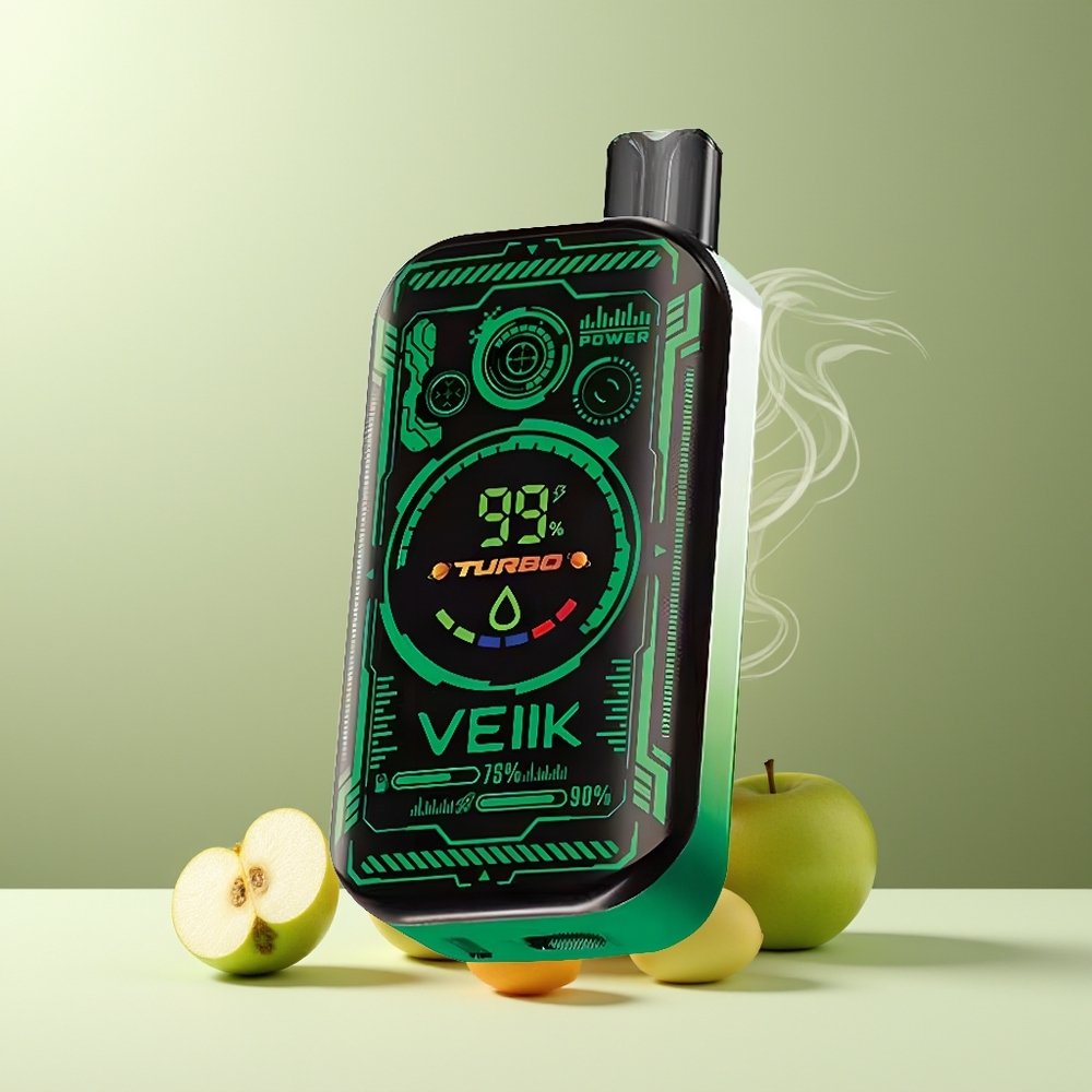 VEIIK SPACE MIST 25000 Puffs Engangs Vape med 335 TFT SUPER SCREEN DISPLAY DUAL MESH COIL och 20ML E-LIQUID grossister Sverige Grønt æble