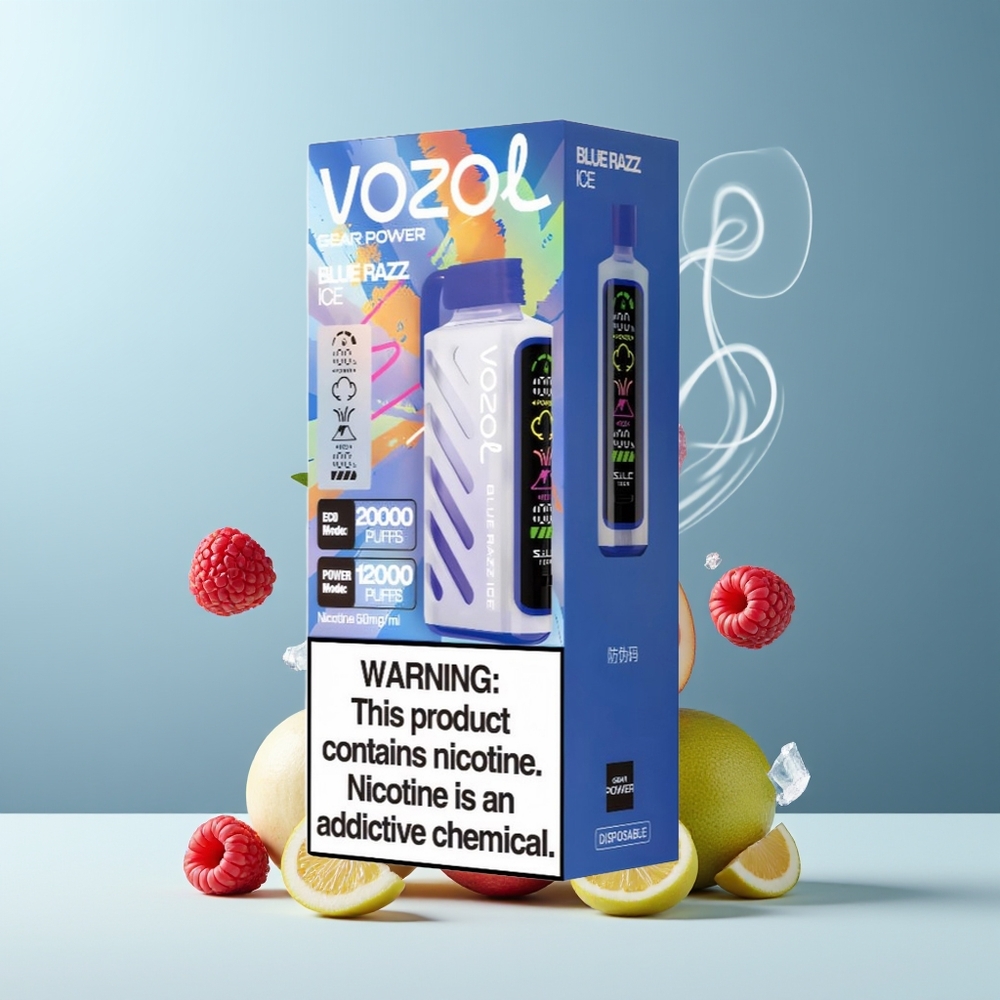 VOZOL Gear Power 20000 Puffs grossister Sverige med SiLC Tech Dual Mesh Coil och 20mL Förfylld E-Vätska Blå Razz-is