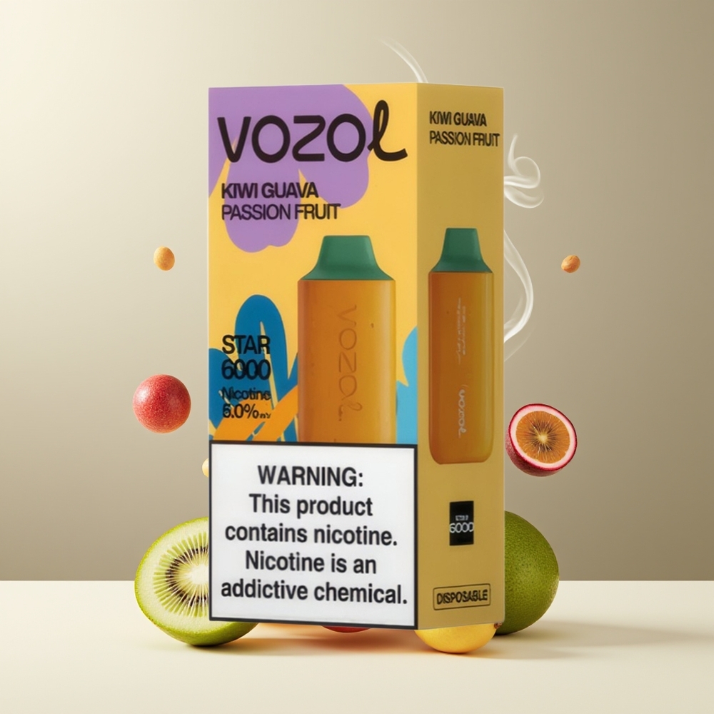 VOZOL STAR 6000 Engangs Vape Grossister Sverige – 65 PCR Type-C 14ML 6000 Puffar 50mg/ml Nikotin Kiwi Guava Passionsfrugt
