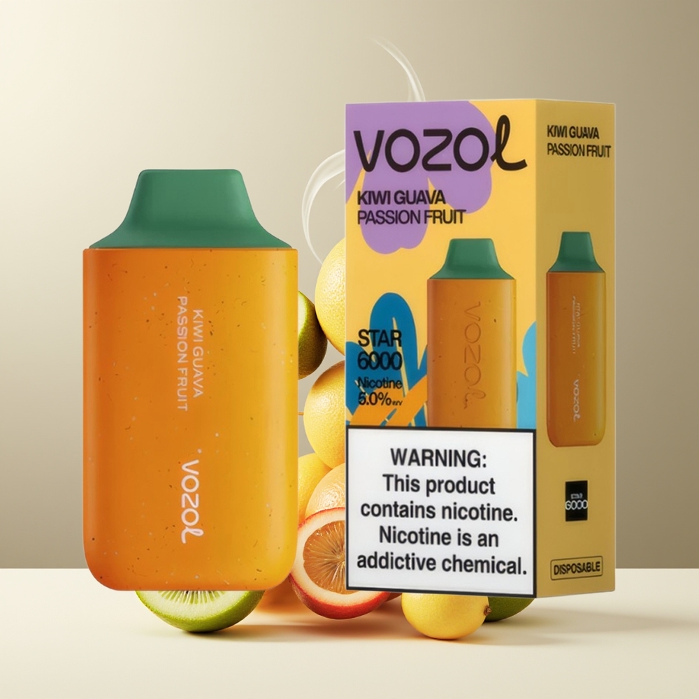 VOZOL STAR 6000 Engangs Vape Grossister Sverige – 65 PCR Type-C 14ML 6000 Puffar 50mg/ml Nikotin Kiwi Guava Passionsfrugt